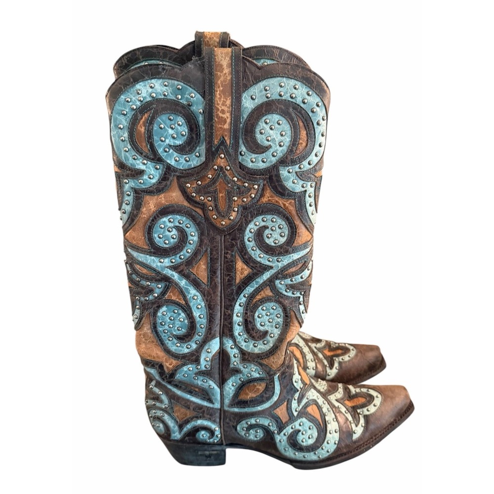 Lane Boots Western Boots Leather Scroll Turquoise Brown Rivet Women Sz 10 Cowboy